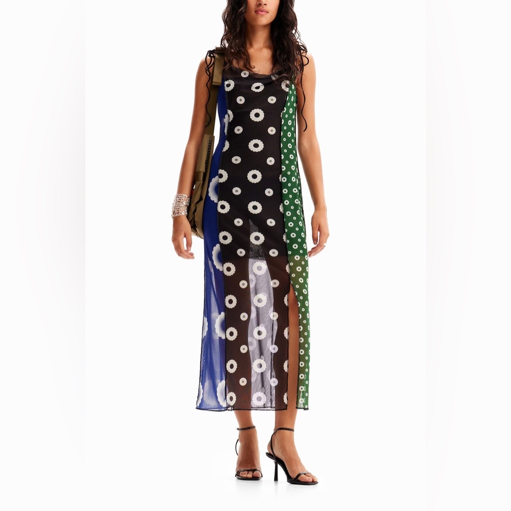 Desigual Floral Geometric Patchwork Sheer Mesh Black Blue Green Maxi Dress M NWT